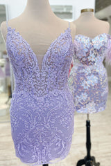 Misshow Lavender Lace Spaghetti Straps Tight Short Homecoming Dress/Mini Dress with Fringes