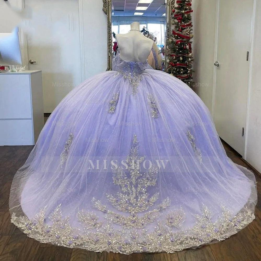 Misshow Lavender Off-Shoulder Ball Gown with Lace Appliques & Beaded Sparkle Quinceanera or Sweet 16 Evening Dress
