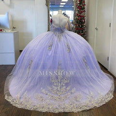 Misshow Lavender Off-Shoulder Ball Gown with Lace Appliques & Beaded Sparkle Quinceanera or Sweet 16 Evening Dress