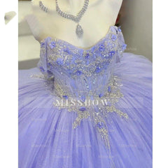 Misshow Lavender Off-Shoulder Ball Gown with Lace Appliques & Beaded Sparkle Quinceanera or Sweet 16 Evening Dress