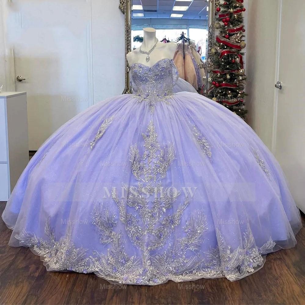 Misshow Lavender Off-Shoulder Ball Gown with Lace Appliques & Beaded Sparkle Quinceanera or Sweet 16 Evening Dress