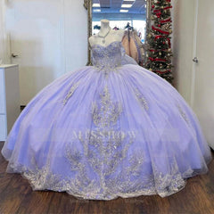 Misshow Lavender Off-Shoulder Ball Gown with Lace Appliques & Beaded Sparkle Quinceanera or Sweet 16 Evening Dress