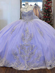 Misshow Lavender Off-Shoulder Ball Gown with Lace Appliques & Beaded Sparkle Quinceanera or Sweet 16 Evening Dress