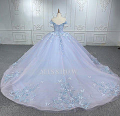 Misshow Lavender Quinceanera Dress Off-Shoulder Ball Gown with 3D Butterfly Lace Appliques & Lace-Up Corset