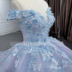 Misshow Lavender Quinceanera Dress Off-Shoulder Ball Gown with 3D Butterfly Lace Appliques & Lace-Up Corset