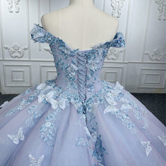 Misshow Lavender Quinceanera Dress Off-Shoulder Ball Gown with 3D Butterfly Lace Appliques & Lace-Up Corset