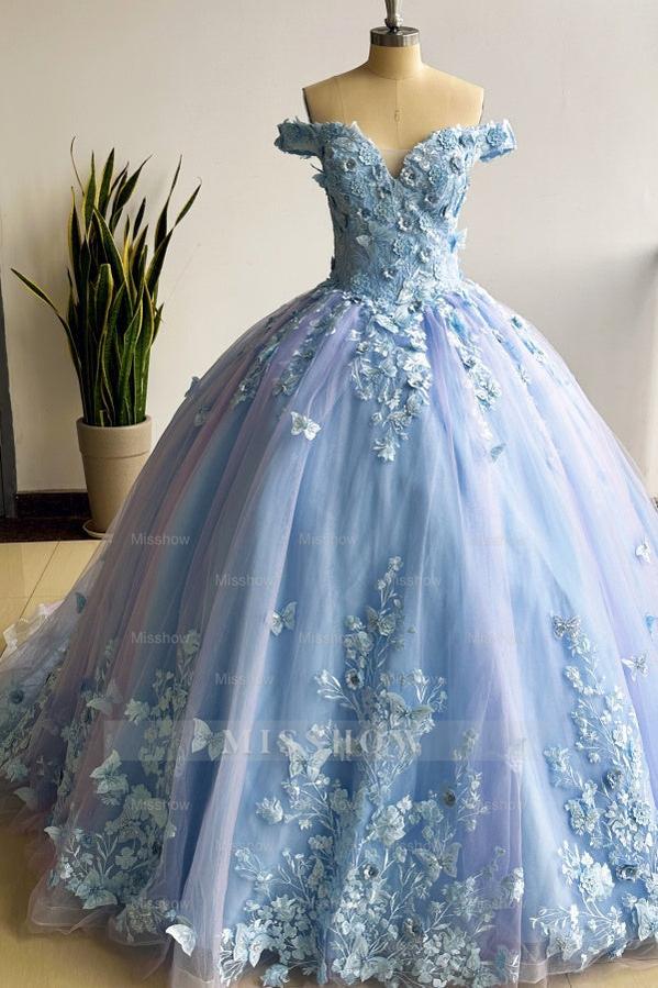 Misshow Lavender Quinceanera Dress Off-Shoulder Ball Gown with 3D Butterfly Lace Appliques & Lace-Up Corset