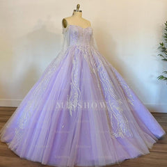 Misshow Lavender Tulle Princess Gown Off-Shoulder Ball Gown with Lace Appliques for Quinceanera & Sweet 16 Evening Dresses