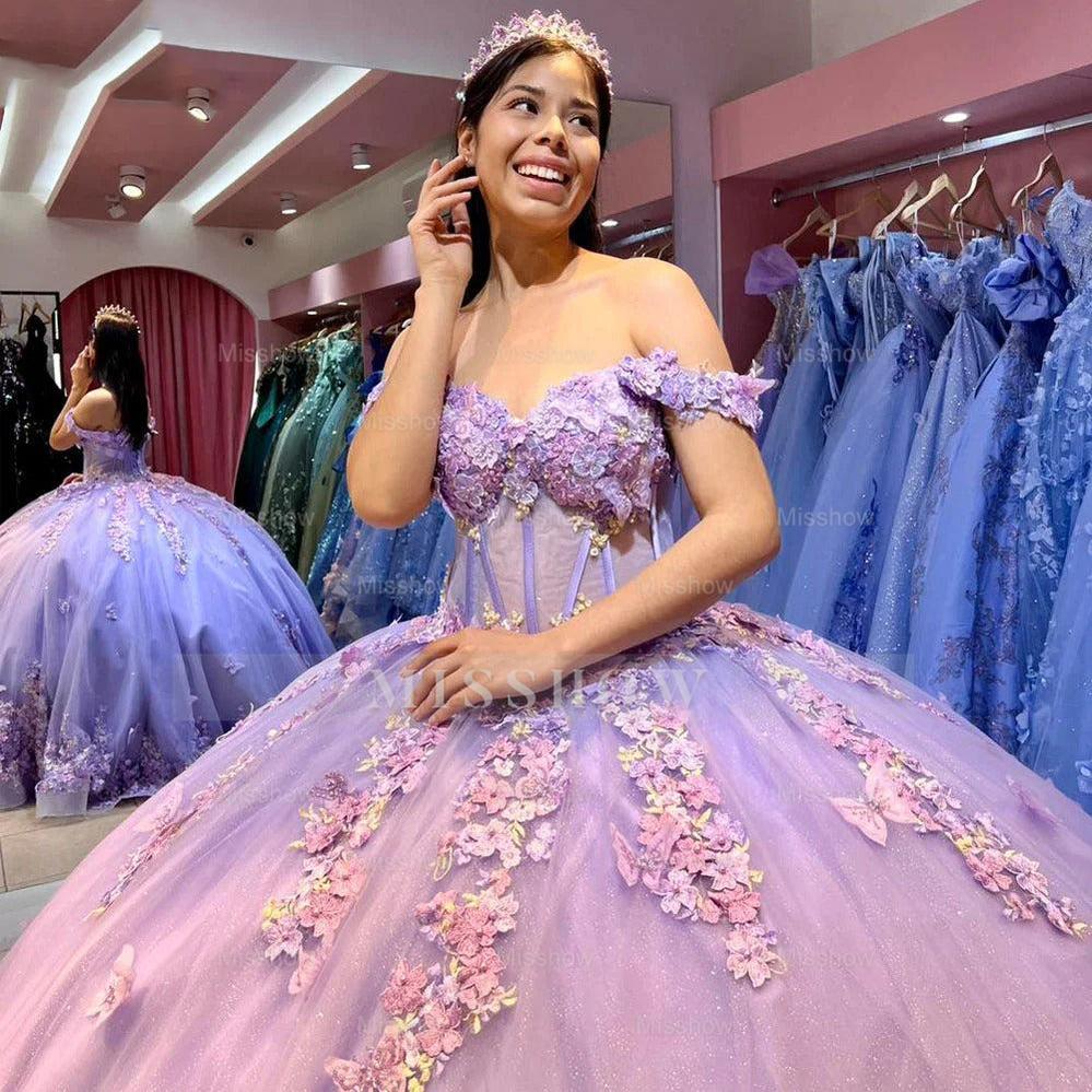 Misshow Lavender Tulle Quinceanera Dress Off-Shoulder Ball Gown with Beaded Lace & Butterfly Appliques for Sweet 16 & Princess Evening Gowns