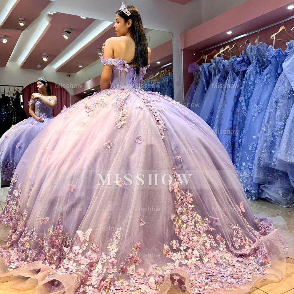 Misshow Lavender Tulle Quinceanera Dress Off-Shoulder Ball Gown with Beaded Lace & Butterfly Appliques for Sweet 16 & Princess Evening Gowns