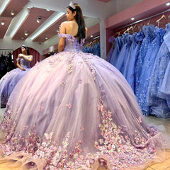 Misshow Lavender Tulle Quinceanera Dress Off-Shoulder Ball Gown with Beaded Lace & Butterfly Appliques for Sweet 16 & Princess Evening Gowns