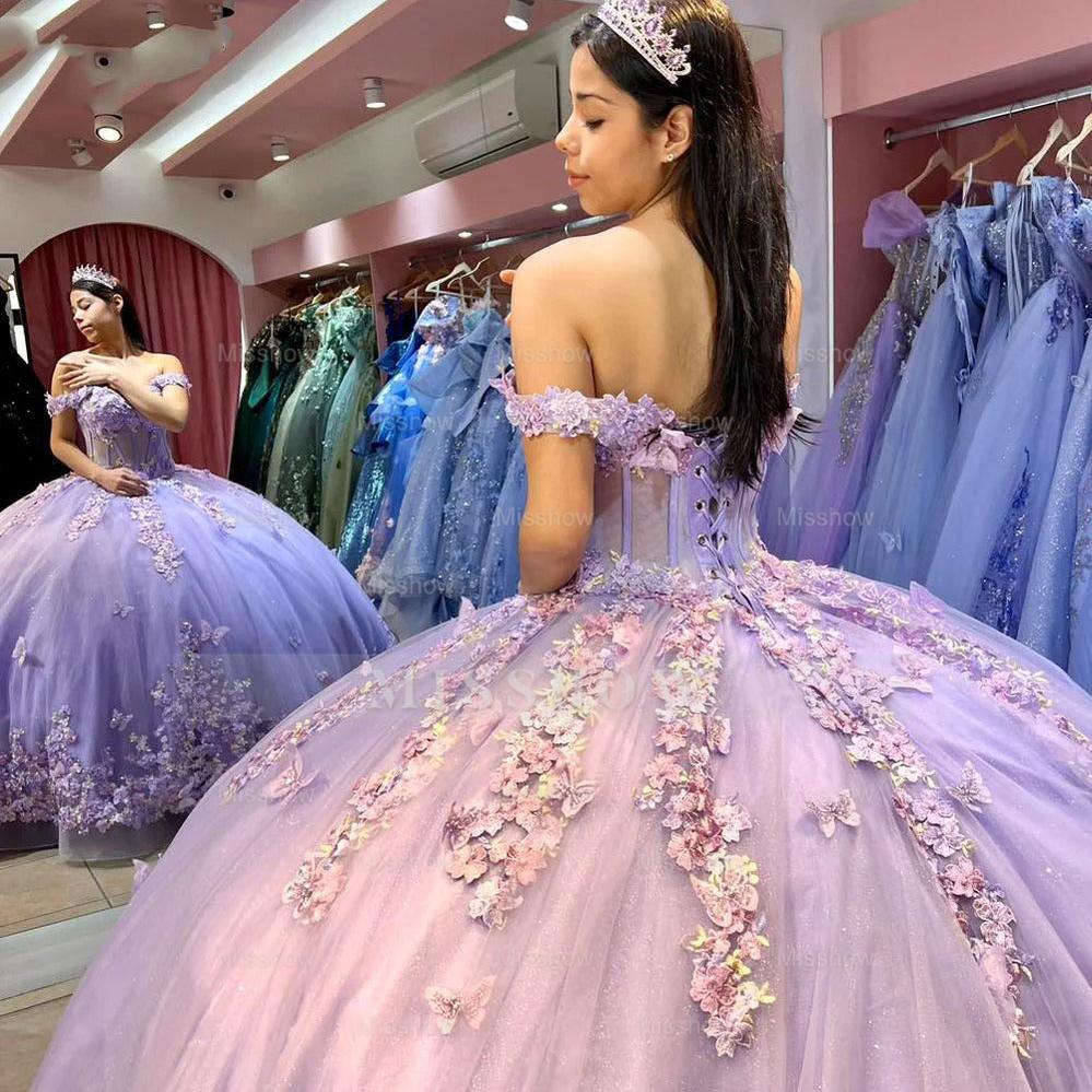 Misshow Lavender Tulle Quinceanera Dress Off-Shoulder Ball Gown with Beaded Lace & Butterfly Appliques for Sweet 16 & Princess Evening Gowns