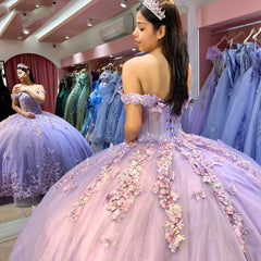 Misshow Lavender Tulle Quinceanera Dress Off-Shoulder Ball Gown with Beaded Lace & Butterfly Appliques for Sweet 16 & Princess Evening Gowns