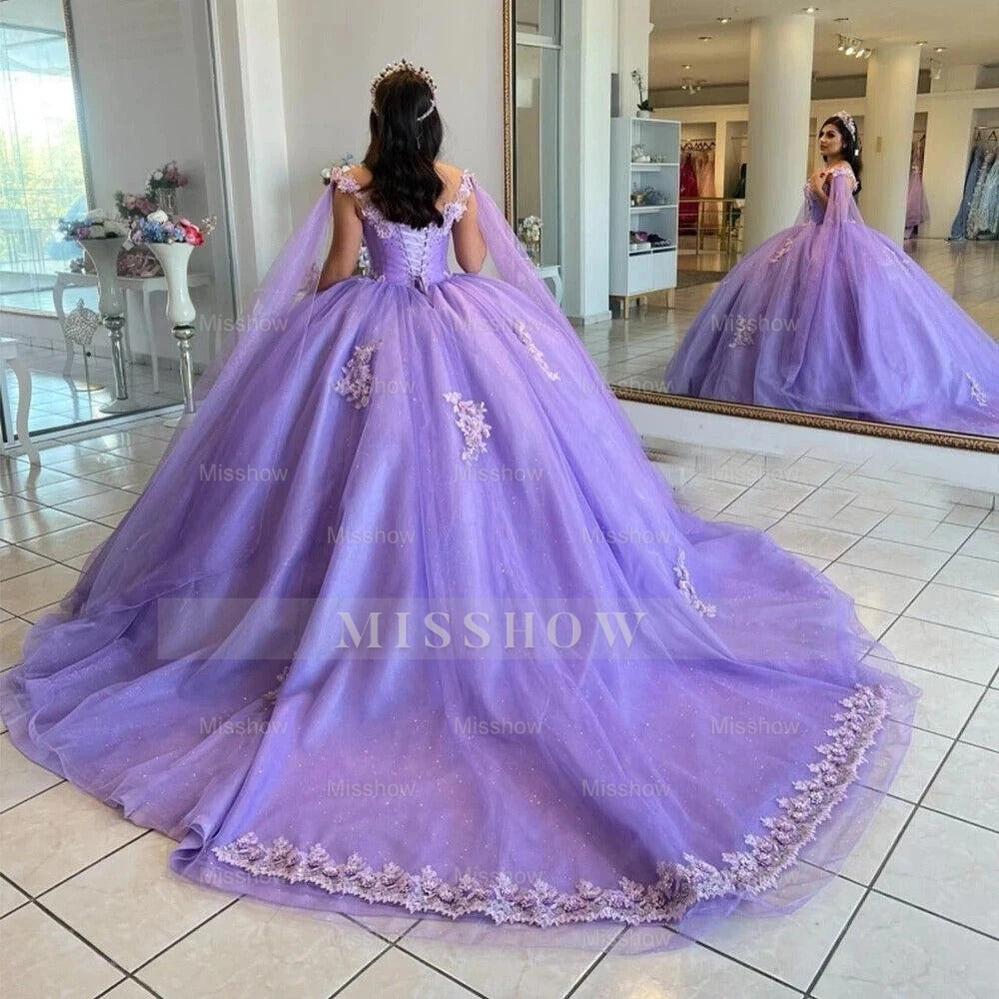 Misshow Lavender Tulle Quinceanera Dress Strapless Ball Gown with 3D Floral Lace Appliques for Sweet 16 & Special Occasions
