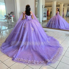 Misshow Lavender Tulle Quinceanera Dress Strapless Ball Gown with 3D Floral Lace Appliques for Sweet 16 & Special Occasions