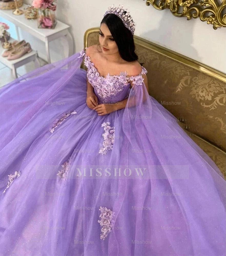 Misshow Lavender Tulle Quinceanera Dress Strapless Ball Gown with 3D Floral Lace Appliques for Sweet 16 & Special Occasions