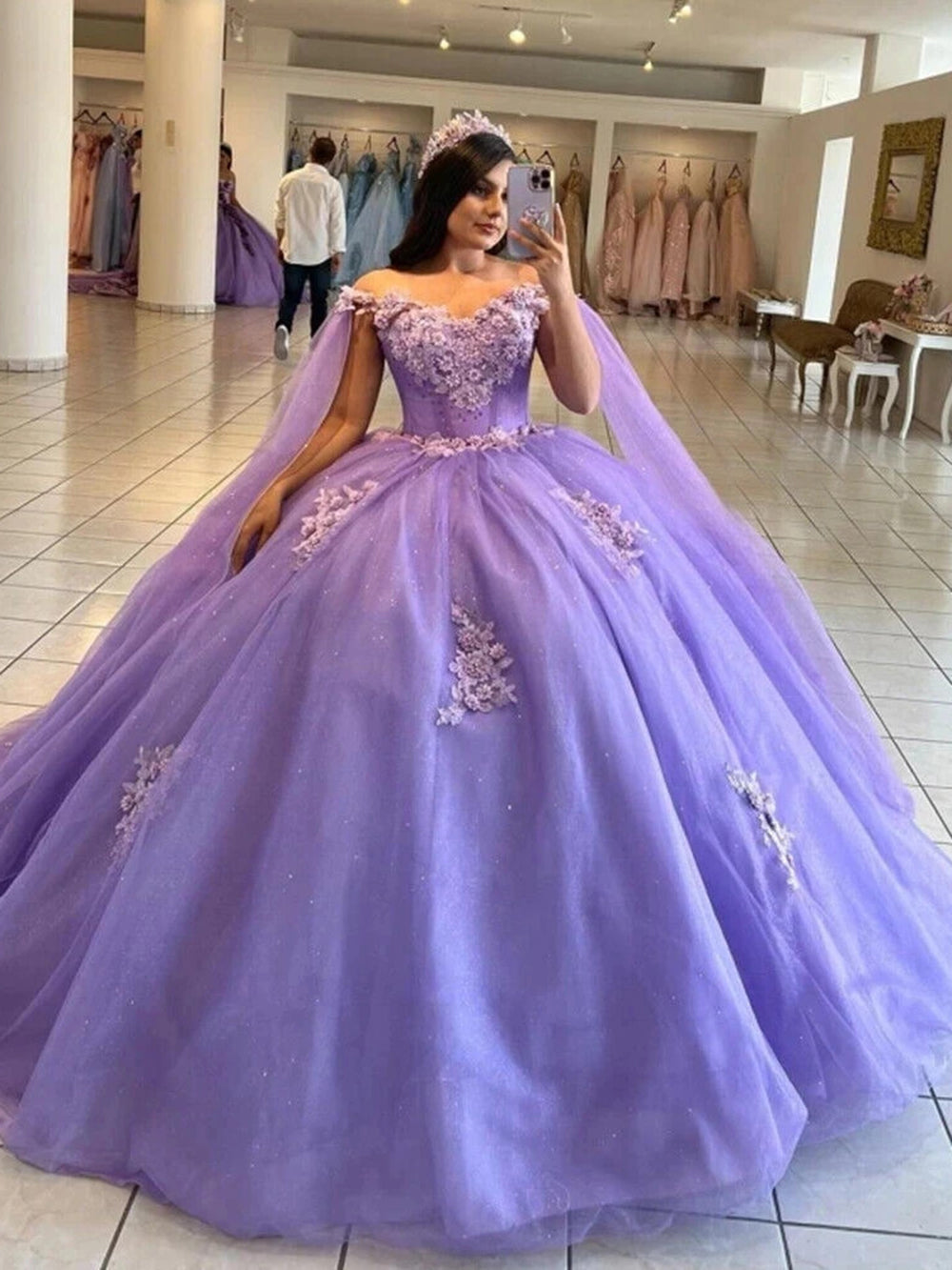 Misshow Lavender Tulle Quinceanera Dress Strapless Ball Gown with 3D Floral Lace Appliques for Sweet 16 & Special Occasions