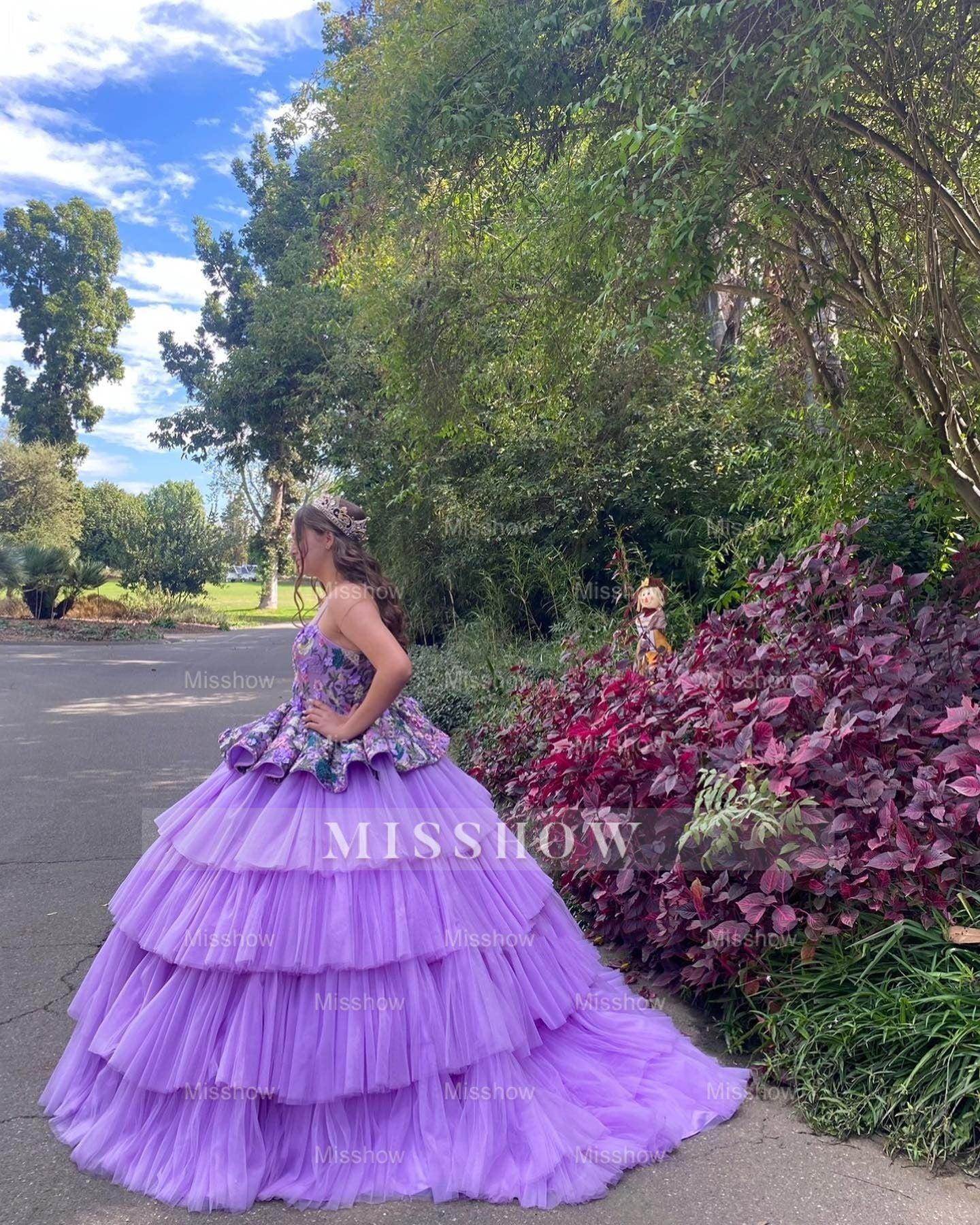Misshow Lavender Tulle Quinceanera Dress Strapless Ball Gown with Floral Appliques & Tiered Skirt for Sweet 16
