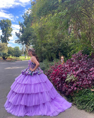 Misshow Lavender Tulle Quinceanera Dress Strapless Ball Gown with Floral Appliques & Tiered Skirt for Sweet 16