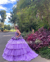 Misshow Lavender Tulle Quinceanera Dress Strapless Ball Gown with Floral Appliques & Tiered Skirt for Sweet 16