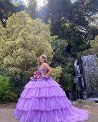 Misshow Lavender Tulle Quinceanera Dress Strapless Ball Gown with Floral Appliques & Tiered Skirt for Sweet 16