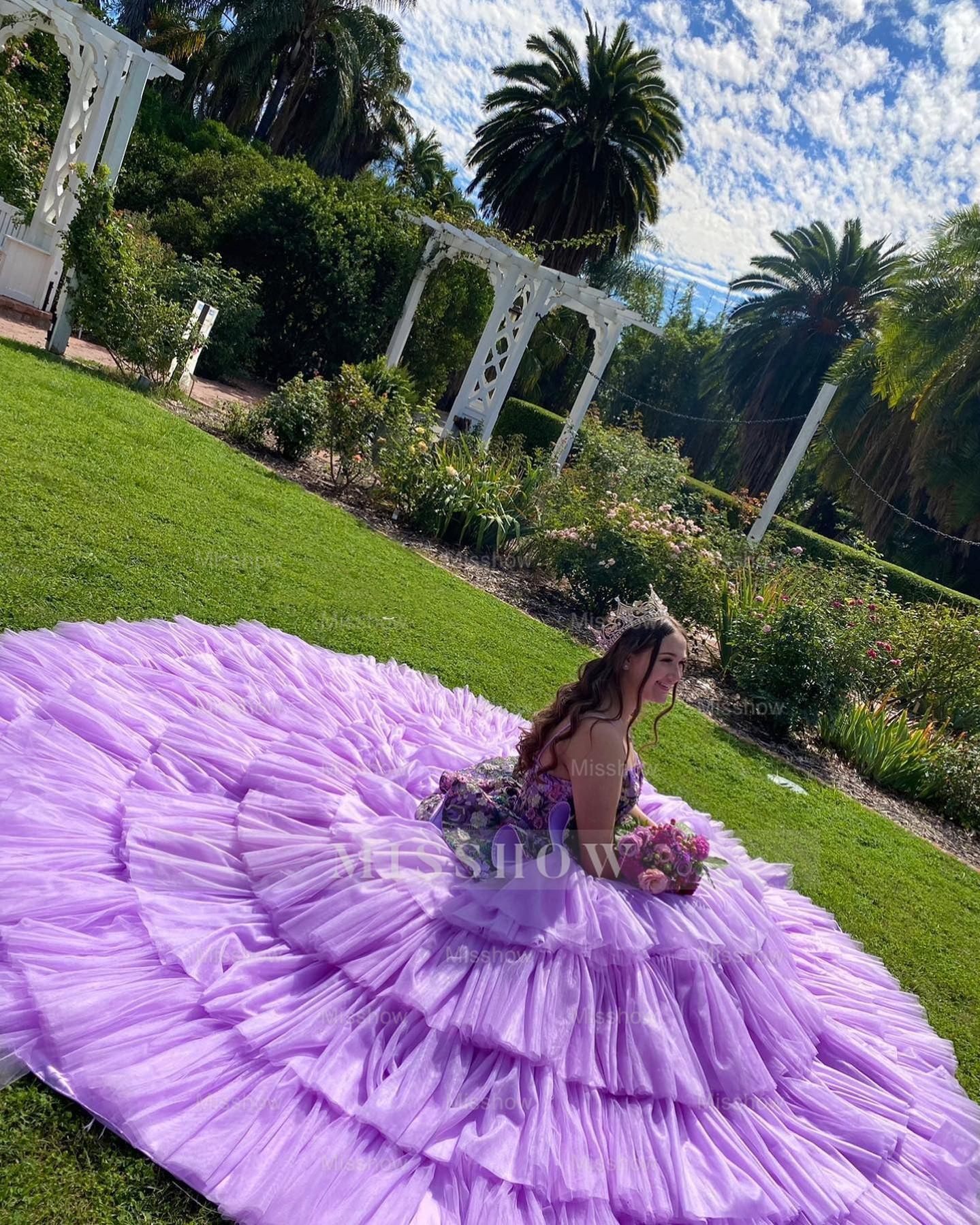 Misshow Lavender Tulle Quinceanera Dress Strapless Ball Gown with Floral Appliques & Tiered Skirt for Sweet 16