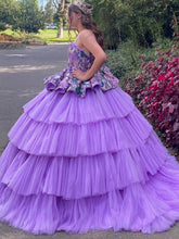 Misshow Lavender Tulle Quinceanera Dress Strapless Ball Gown with Floral Appliques & Tiered Skirt for Sweet 16