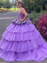Misshow Lavender Tulle Quinceanera Dress Strapless Ball Gown with Floral Appliques & Tiered Skirt for Sweet 16