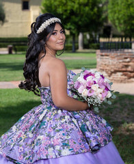 Misshow Lavender Tulle Quinceanera Dress Strapless Ball Gown with Floral Appliques for Sweet 16 & Evening Galas