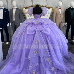 Misshow Lavender Tulle Quinceanera Dress Sweetheart Neckline Puffy Sleeves & Sweep Train with Lace Appliques