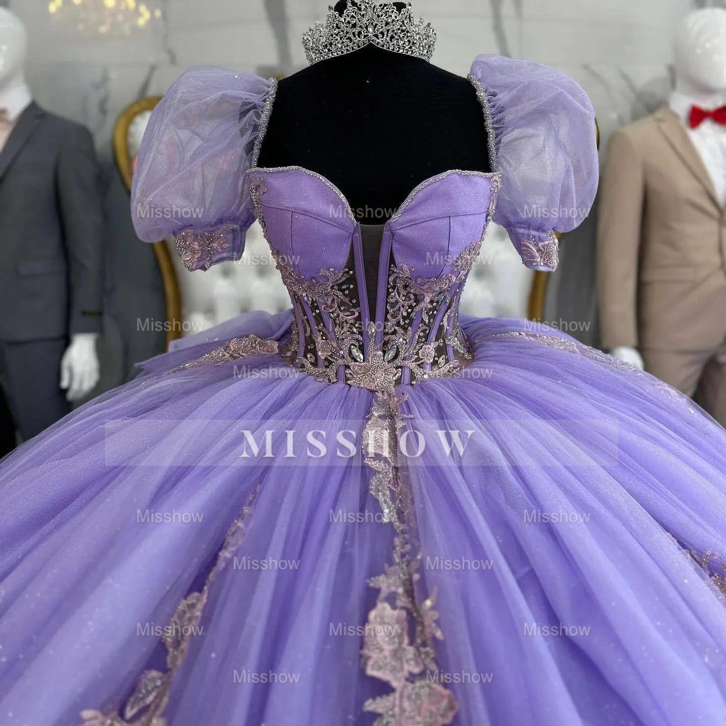 Misshow Lavender Tulle Quinceanera Dress Sweetheart Neckline Puffy Sleeves & Sweep Train with Lace Appliques