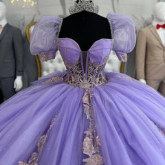 Misshow Lavender Tulle Quinceanera Dress Sweetheart Neckline Puffy Sleeves & Sweep Train with Lace Appliques