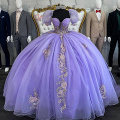 Misshow Lavender Tulle Quinceanera Dress Sweetheart Neckline Puffy Sleeves & Sweep Train with Lace Appliques