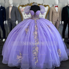 Misshow Lavender Tulle Quinceanera Dress Sweetheart Neckline Puffy Sleeves & Sweep Train with Lace Appliques