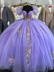 Misshow Lavender Tulle Quinceanera Dress Sweetheart Neckline Puffy Sleeves & Sweep Train with Lace Appliques