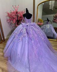 Misshow Lavender Tulle Quinceanera Dress V-Neck Lace Applique & Beaded Bow Ball Gown for Sweet 16 Birthday & Evening Parties