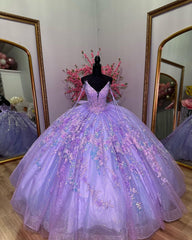 Misshow Lavender Tulle Quinceanera Dress V-Neck Lace Applique & Beaded Bow Ball Gown for Sweet 16 Birthday & Evening Parties