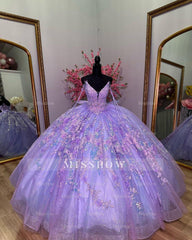 Misshow Lavender Tulle Quinceanera Dress V-Neck Lace Applique & Beaded Bow Ball Gown for Sweet 16 Birthday & Evening Parties