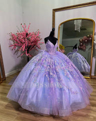 Misshow Lavender Tulle Quinceanera Dress V-Neck Lace Applique & Beaded Bow Ball Gown for Sweet 16 Birthday & Evening Parties