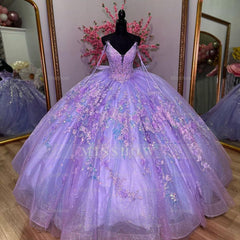 Misshow Lavender Tulle Quinceanera Dress V-Neck Lace Applique & Beaded Bow Ball Gown for Sweet 16 Birthday & Evening Parties