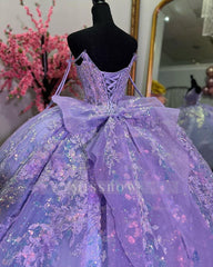 Misshow Lavender Tulle Quinceanera Dress V-Neck Lace Applique & Beaded Bow Ball Gown for Sweet 16 Birthday & Evening Parties