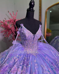 Misshow Lavender Tulle Quinceanera Dress V-Neck Lace Applique & Beaded Bow Ball Gown for Sweet 16 Birthday & Evening Parties