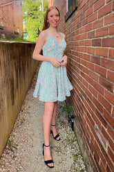 Misshow Light Blue A-Line Backless Sequins Homecoming Dress/Mini Dress