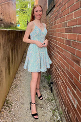 Misshow Light Blue A-Line Backless Sequins Homecoming Dress/Mini Dress