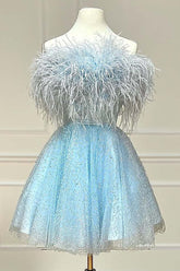 Misshow Light Blue A-Line Strapless Homecoming Dress/Mini Dress with Feathers