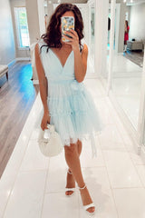 Misshow Light Blue A-Line Tulle Tiered Short Homecoming Dress/Mini Dress with Pearls