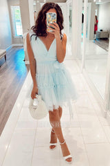 Misshow Light Blue A-Line Tulle Tiered Short Homecoming Dress/Mini Dress with Pearls