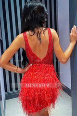 Misshow Light Blue Beaded Sequins Tight Homecoming Dress/Mini Dress with Feathers