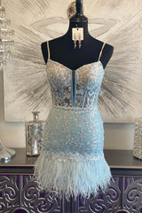 Misshow Light Blue Corset Lace Tight Short Homecoming Dress/Mini Dress with Feathers