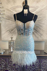 Misshow Light Blue Corset Lace Tight Short Homecoming Dress/Mini Dress with Feathers